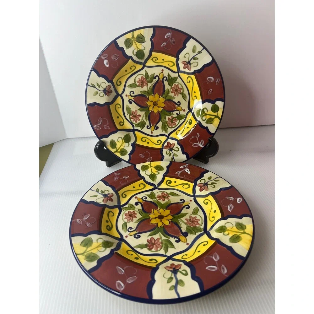 Pier‎ 1 Vallarta Handpainted Earthenware Plates Set of 2 Floral Salad Plates
